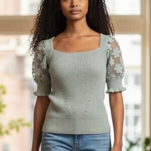 Industry Sweater Juliet Mozart Caballo Floral Organza Puff Sleeve Size Small